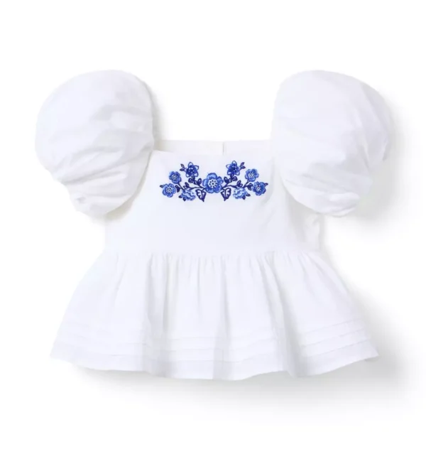 Embroidered Floral Puff Sleeve Top